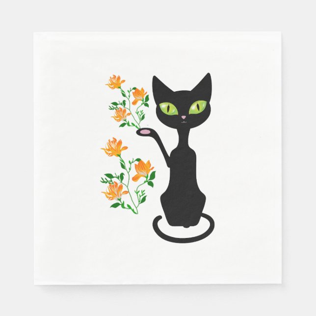 svart katt med blomma pappersservett (Framsidan)