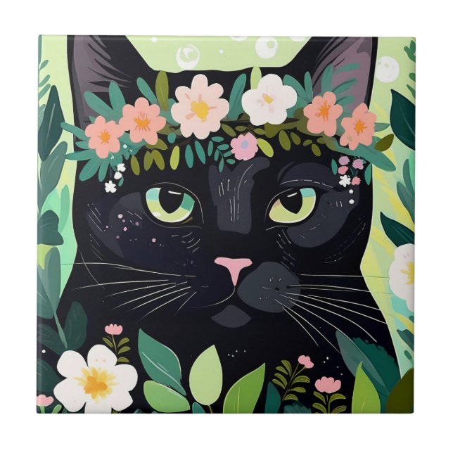 Svart katt med blommigt krona kakelplatta (Framsidan)