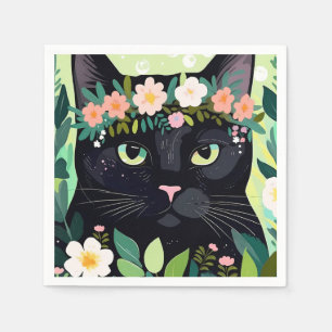 Svart katt med blommigt krona pappersservett