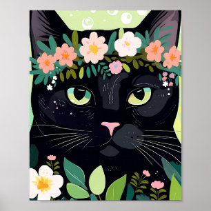 Svart katt med blommigt krona poster