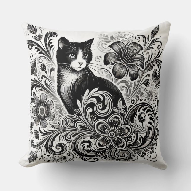 Svart katt med blommönster i monokrom konst kudde (Framsida)
