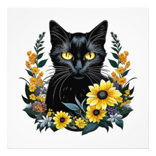 svart katt med blommor fototryck