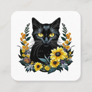 svart katt med blommor fyrkantigt visitkort