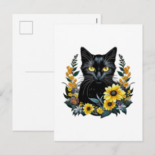 svart katt med blommor helg vykort
