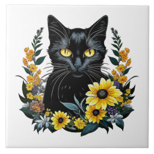 svart katt med blommor kakelplatta
