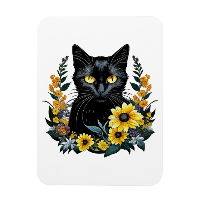 svart katt med blommor magnet (Vertikal)