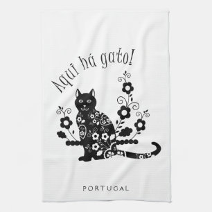 Svart katt med blommor och portugisiskt uttryck kökshandduk