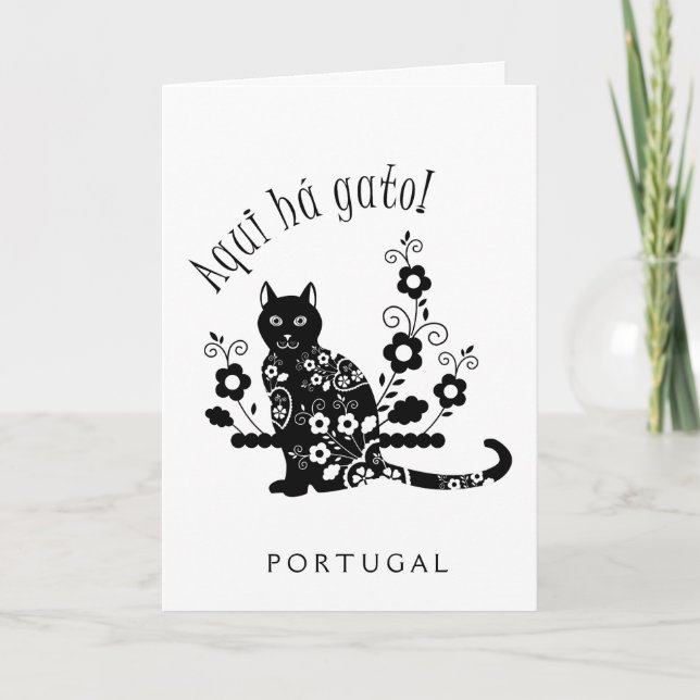 Svart katt med blommor och portugisiskt uttryck kort (Framsida)
