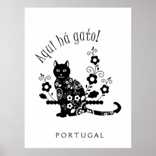 Svart katt med blommor och portugisiskt uttryck poster