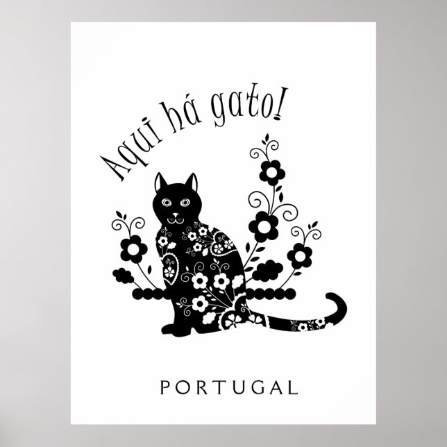 Svart katt med blommor och portugisiskt uttryck poster (Framsidan)