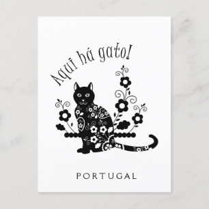Svart katt med blommor och portugisiskt uttryck vykort