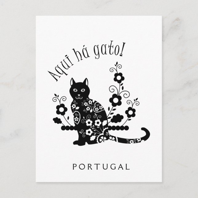 Svart katt med blommor och portugisiskt uttryck vykort (Framsida)