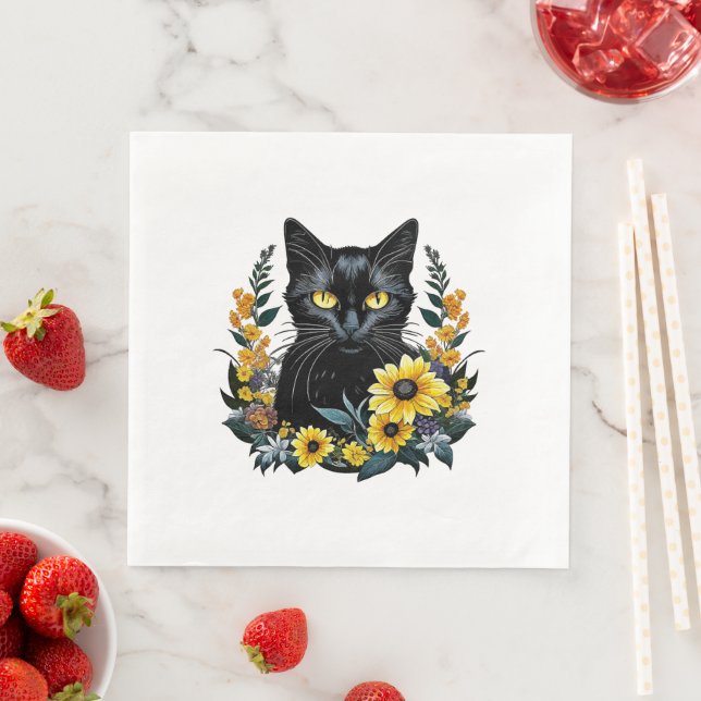 svart katt med blommor pappersservett (Insitu)