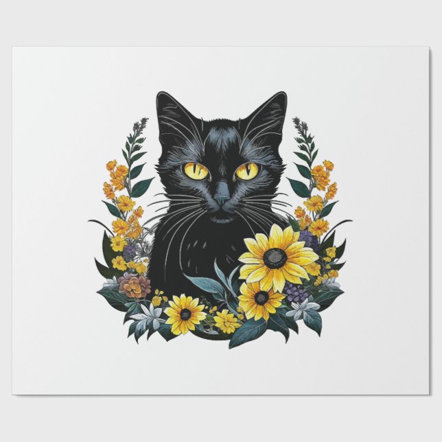 svart katt med blommor presentpapper (Platt)