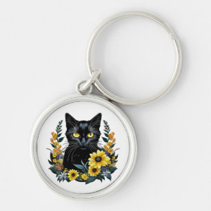 svart katt med blommor rund silverfärgad nyckelring