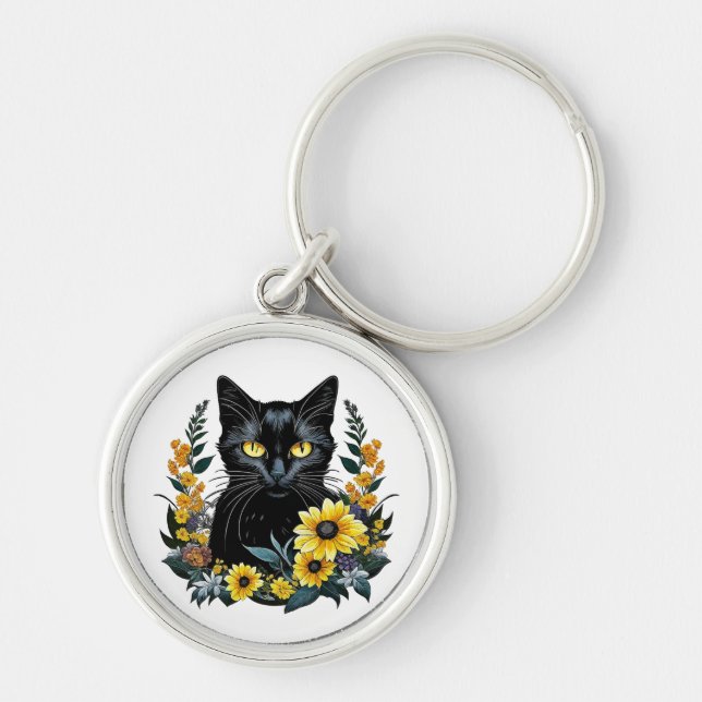 svart katt med blommor rund silverfärgad nyckelring (Framsidan)