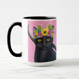 Svart katt med blomsterkrona mugg