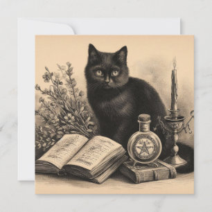 Svart katt med böcker Vintageillustration Kort