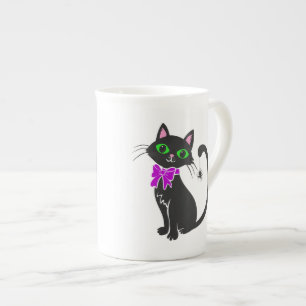 Svart katt med bojkott - Välj bakgrund färg Benporslin Mugg