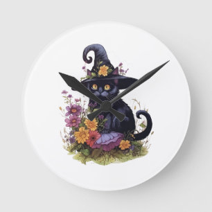 Svart katt med cowboyhatt med blommor rund klocka