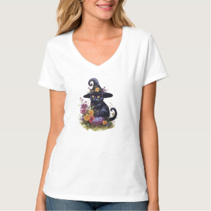 Svart katt med cowboyhatt med blommor t shirt