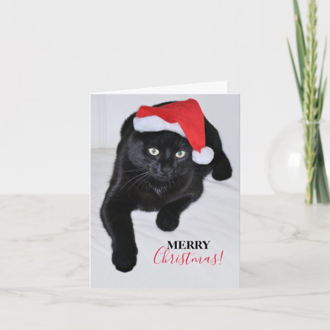 Svart katt med den röda jultomtehatten helgkort (Framsida)