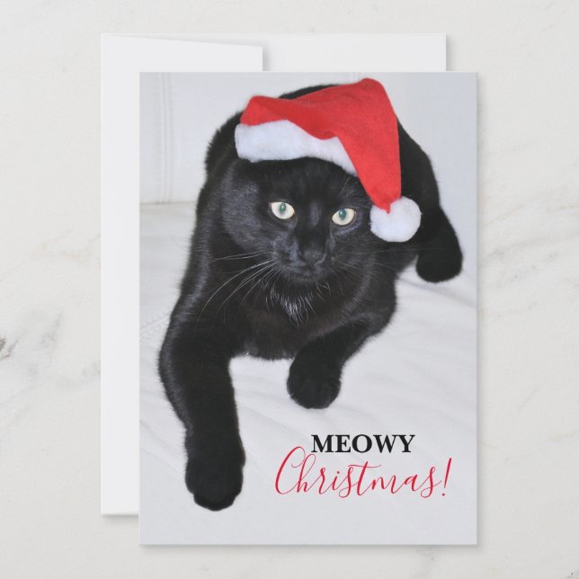 Svart katt med den röda jultomtehatten julkort (Framsida)