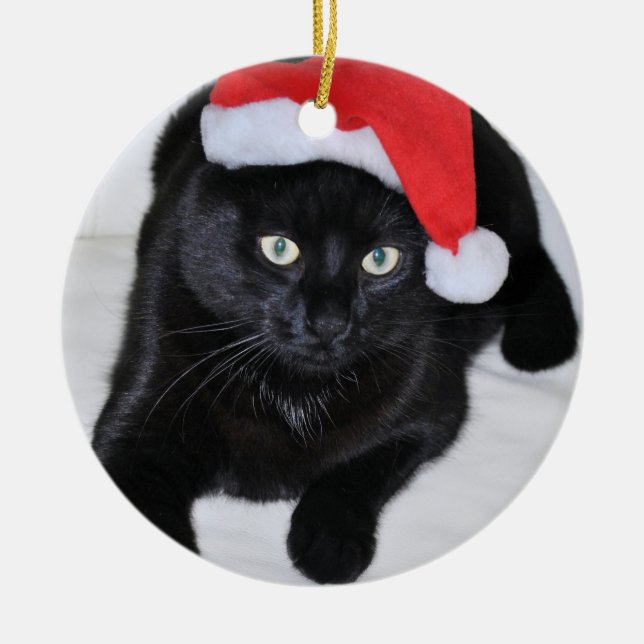 Svart katt med den röda Santa hatten Julgransprydnad Keramik (Framsidan)