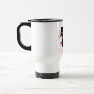 Svart katt med den rosa hjärtatravel mug resemugg