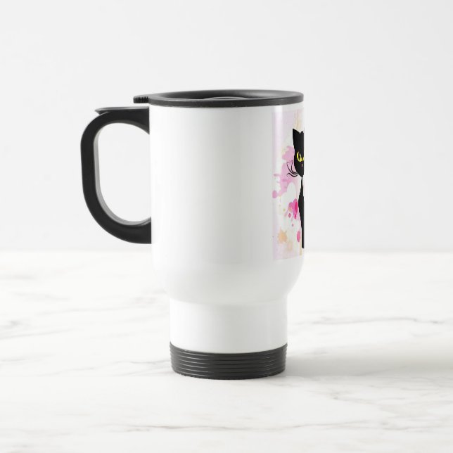 Svart katt med den rosa hjärtatravel mug resemugg (Vänster)