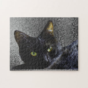Svart katt med ett Grått Mönster Background Puzzel Pussel