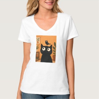 Svart Katt Med Fågel På Huvudet Söt Whimsisk Botan T Shirt