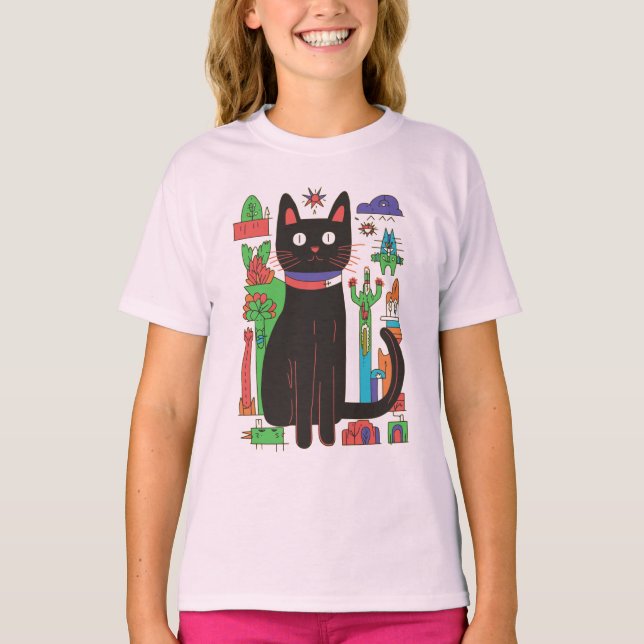 Svart katt med färgstarka Abstrakter T Shirt (Framsida)