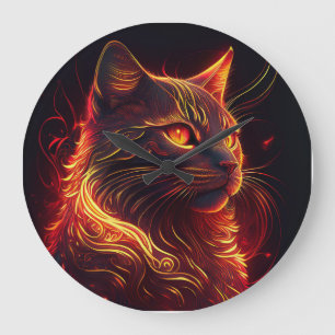 Svart katt med Fire Red och Golden Aura Glossy Stor Klocka