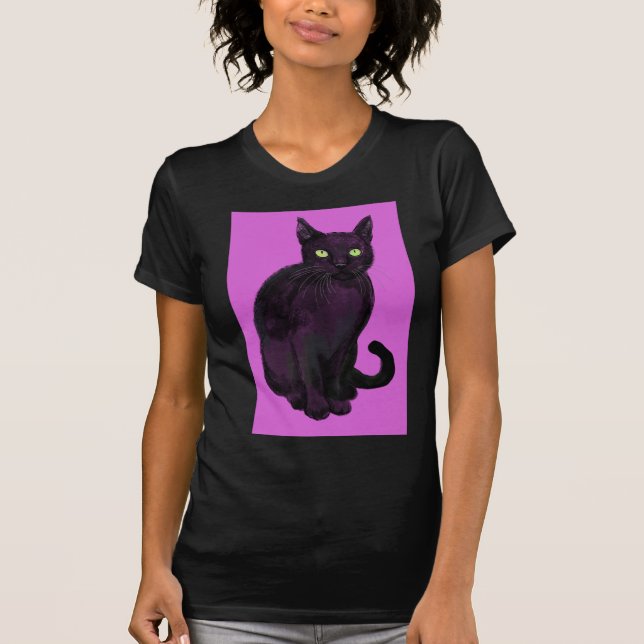 Svart katt med fuchsibakgrund t shirt (Framsida)