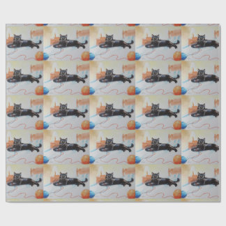 Svart katt med garn presentpapper