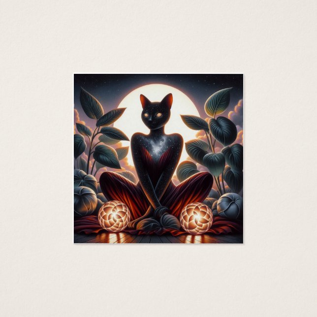 Svart Katt med Glowing Ögon Surreal Digital Fyrkantigt Visitkort (Framsida)