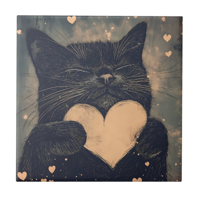 Svart katt med Golden Heart - Kattens Mysiga Kärle Kakelplatta (Framsidan)