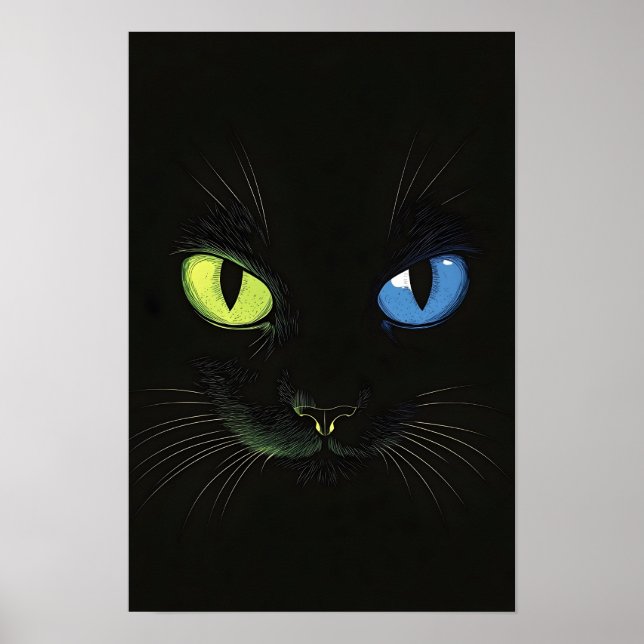 Svart katt med gröna och blå ögon poster (Framsidan)