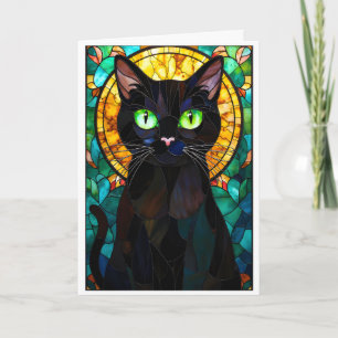 Svart katt med gröna ögon i glasmålning stil charm kort