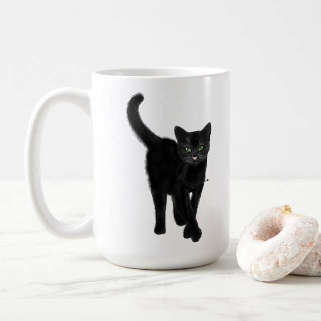 Svart katt med Grönt Öga Cute Quote Kaffemugg (Med munk)