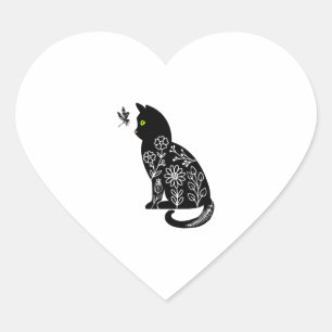 Svart katt med grönt öga hjärtformat klistermärke