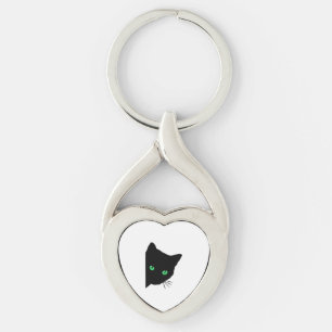 Svart katt med grönt ögon twisted heart silverfärgad nyckelring
