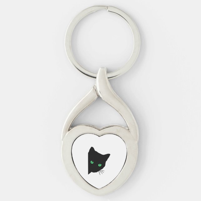 Svart katt med grönt ögon twisted heart silverfärgad nyckelring (Framsidan)