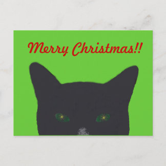 Svart katt med grönt, röd "god jul ", helg vykort