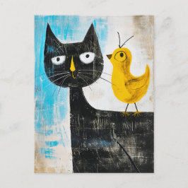 Svart katt med gul fågel på ryggen vykort