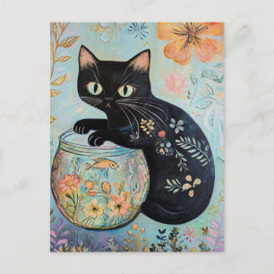 Svart katt med guld fisk och blommor vykort