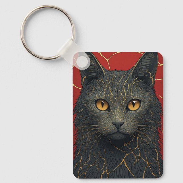 Svart Katt Med Guld Kintsugi Sprickor Accent ✨ Nyckelring (Framsida)