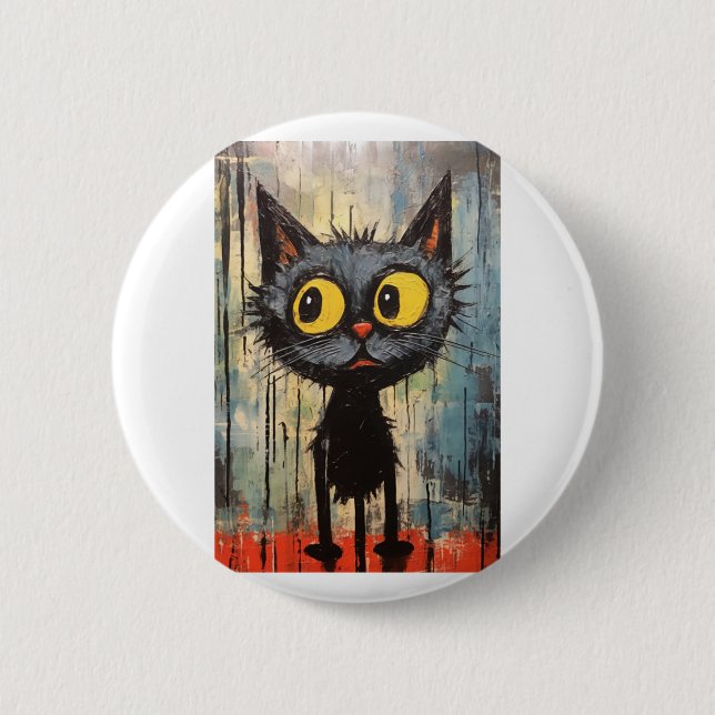 Svart katt med Gult Öga Knapp (Framsida)