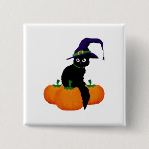 Svart katt med hatt och pumpor för Halloween Knapp